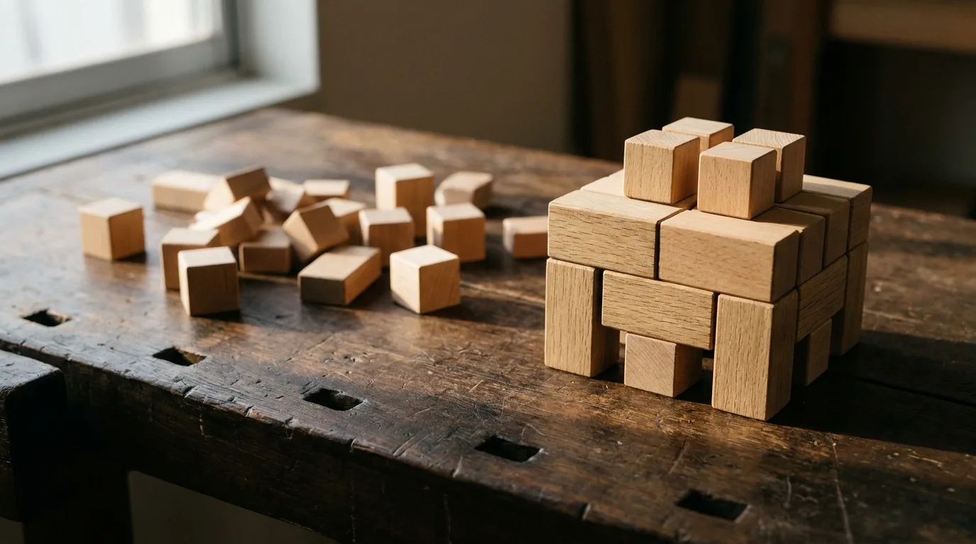 Des petits blocs de bois clair sur un établi sombre : à gauche dispersés en vrac, à droite assemblés en une structure stable et ordonnée.