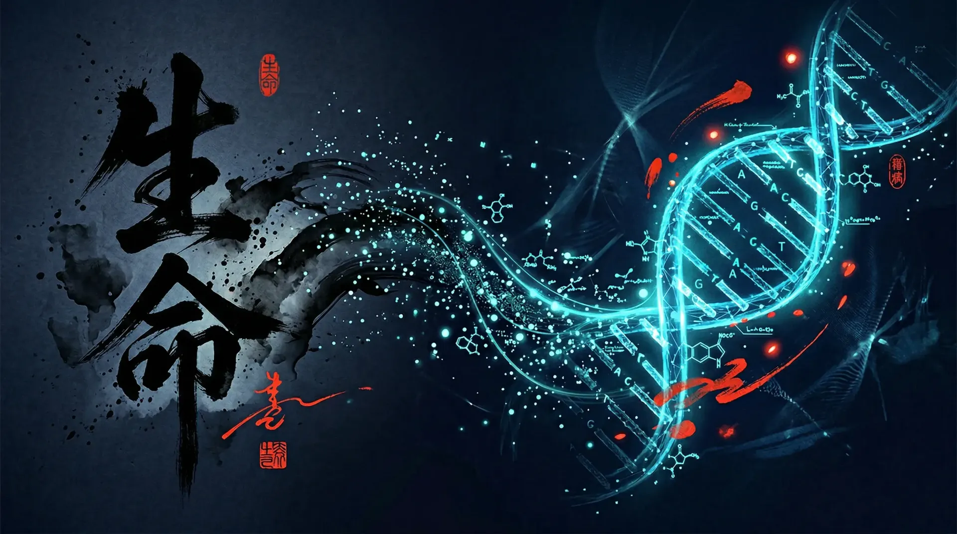 Calligraphie sumi-e se transformant en double helice ADN bioluminescente