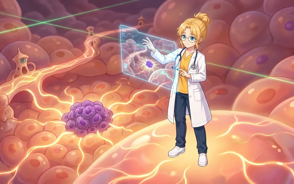 Illustration de style anime : Lili, médecin miniaturisée dans un tissu vivant, consulte un hologramme qui signale un amas de cellules tumorales.