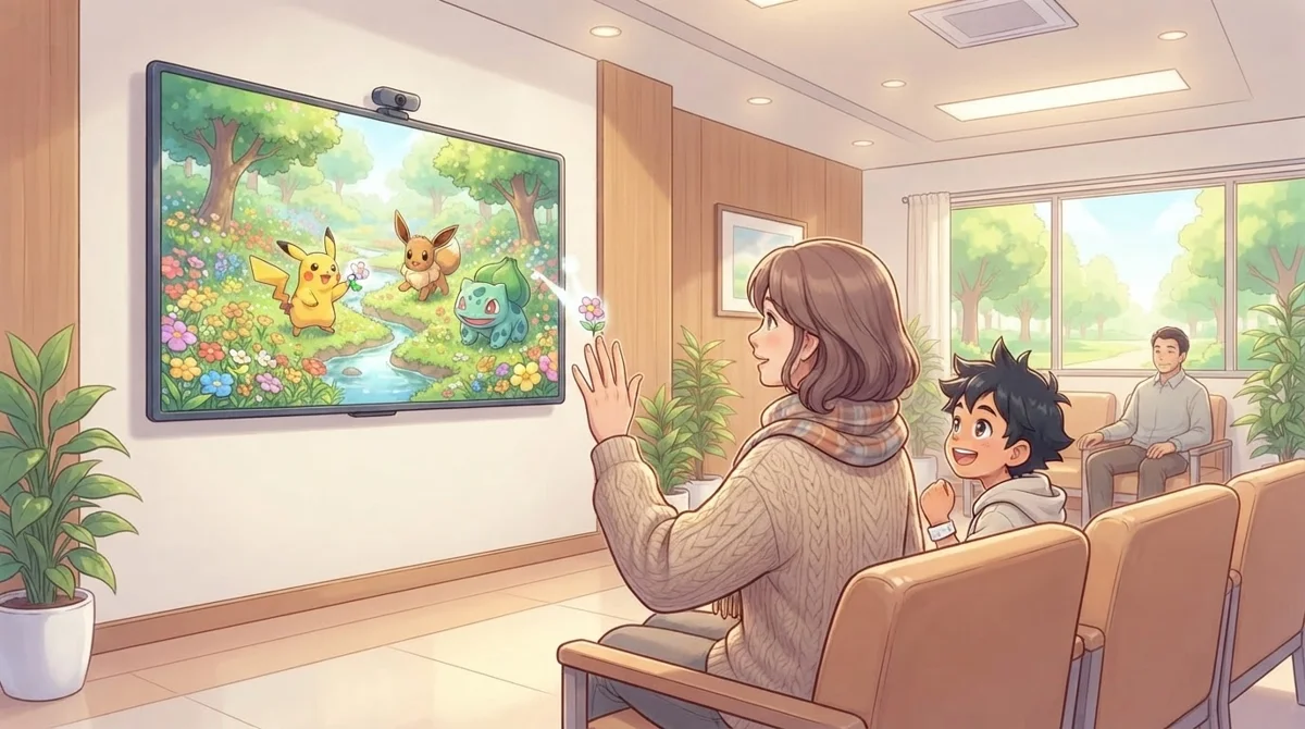 Une famille interagit par un geste avec un jardin Pokémon sur un écran dans une salle d’attente.