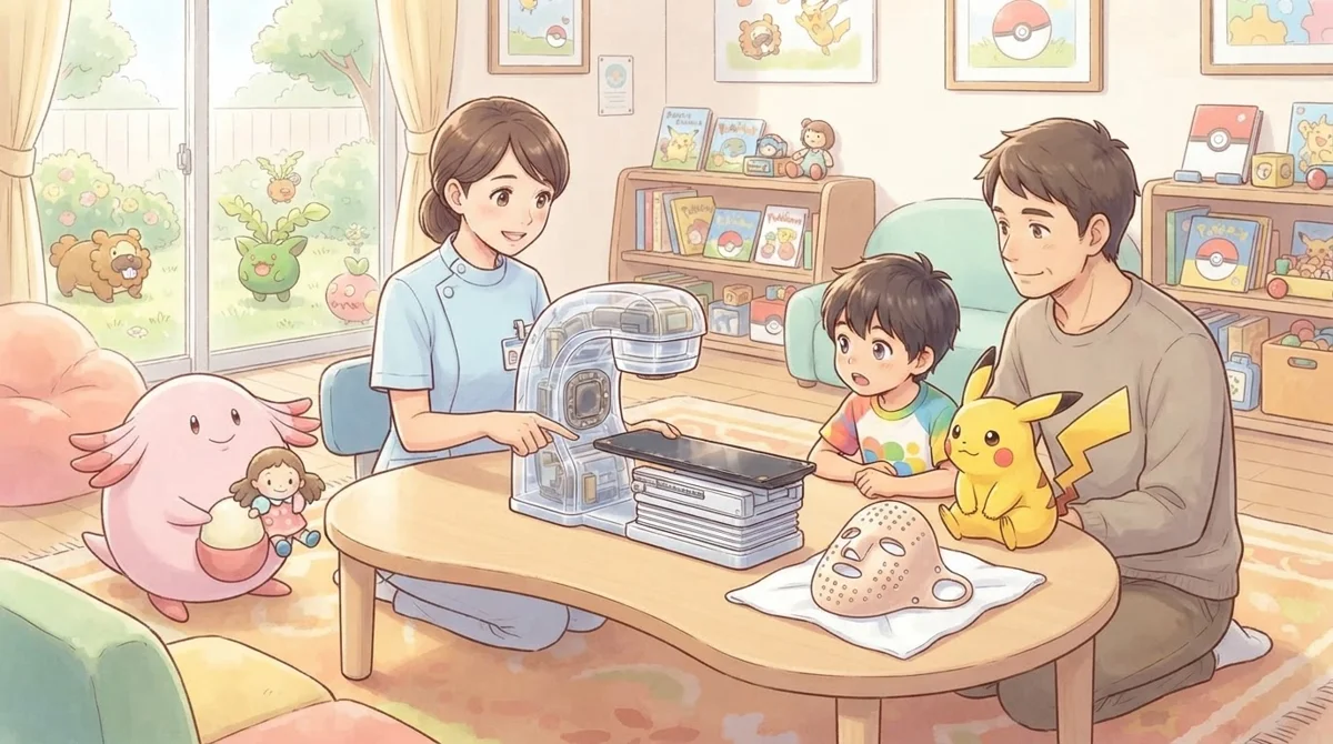 Un enfant et son parent découvrent une maquette de radiothérapie et un masque de démonstration avec une soignante et Pikachu.