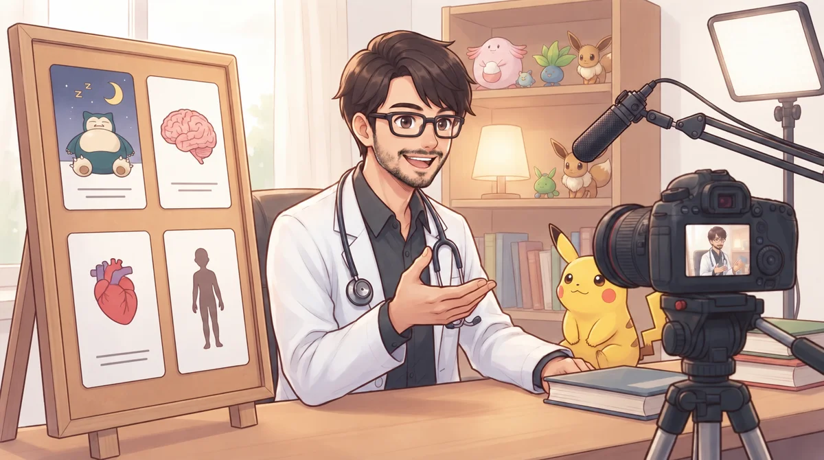 Julien, souriant, avec des lunettes et une barbe courte, présente une question médicale devant une caméra, entouré de Pokémon.