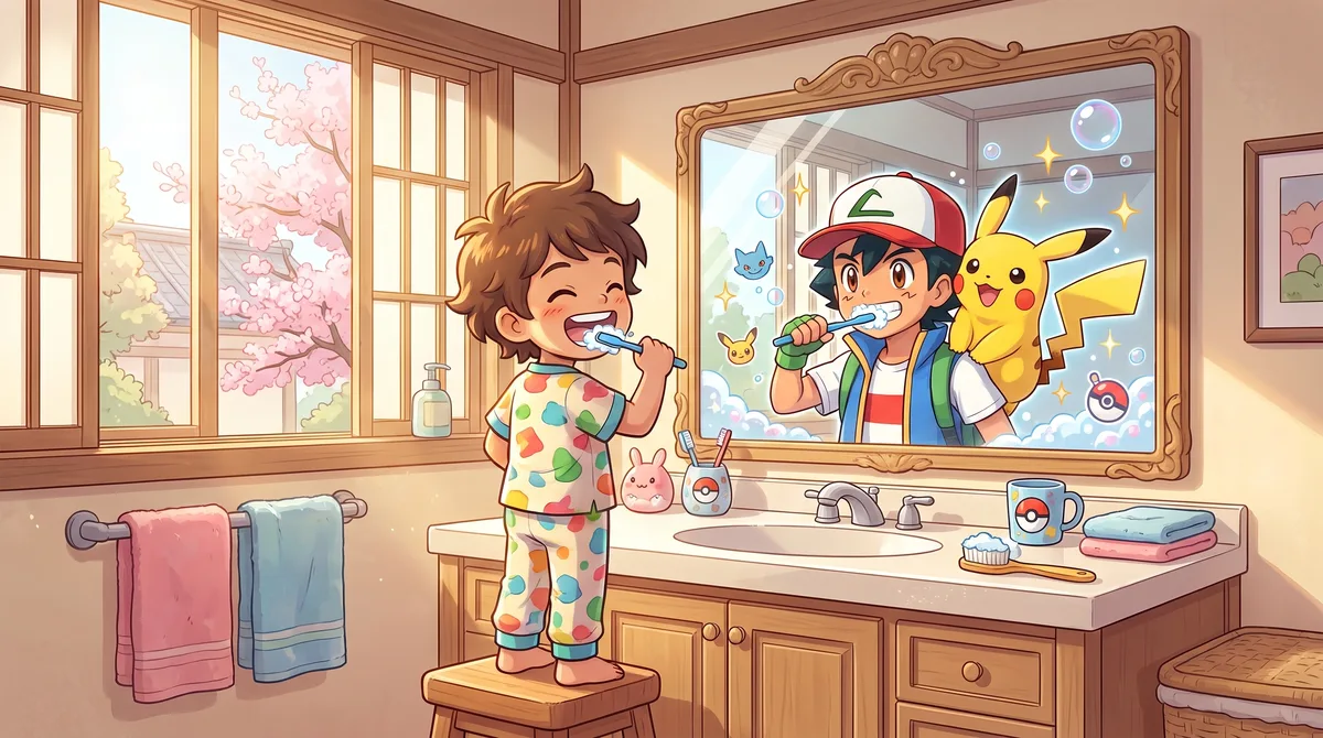Un enfant se brosse les dents devant un miroir où apparaissent Sacha et Pikachu.