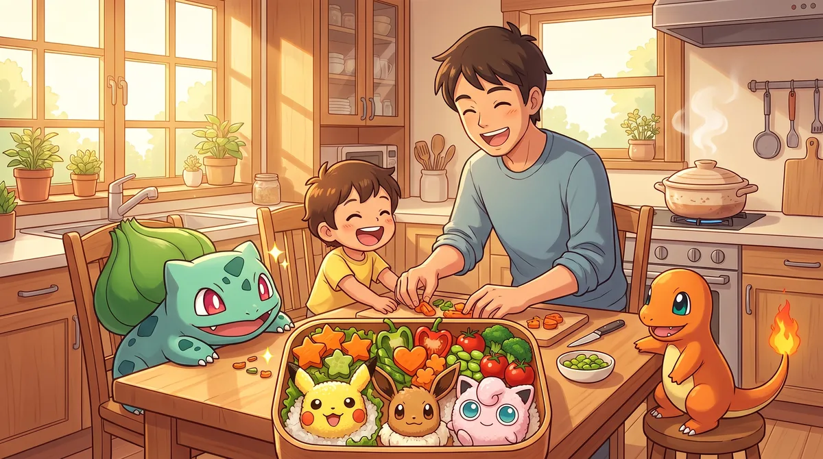 Un parent et un enfant préparent un repas décoré de visages de Pokémon, avec Bulbizarre et Salamèche dessinés.