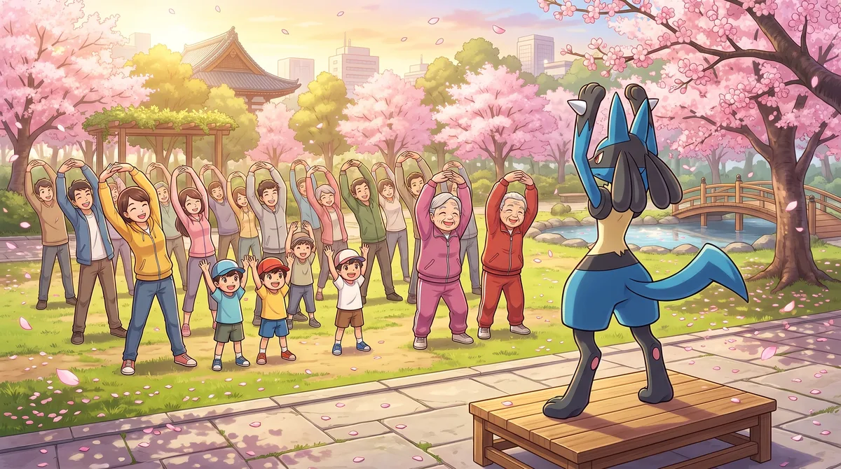 Des enfants et des adultes de plusieurs générations font de la gymnastique dans un parc, guidés par Lucario.