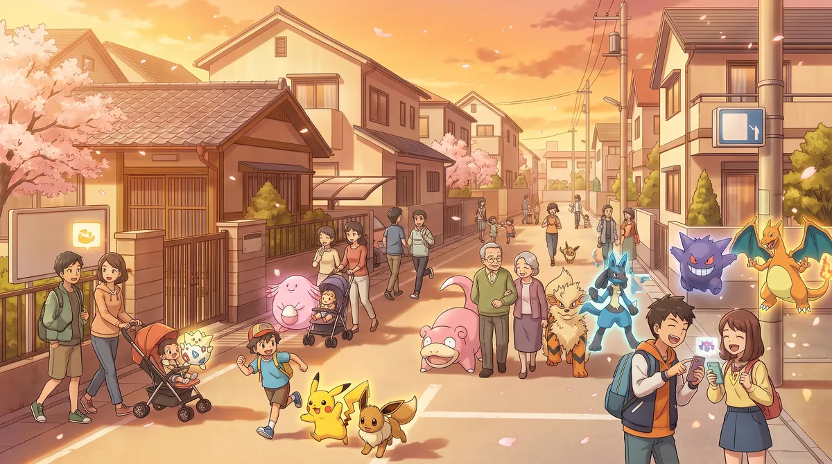 Dans une rue, des personnes de plusieurs générations marchent ensemble, accompagnées de Pokémon dessinés.