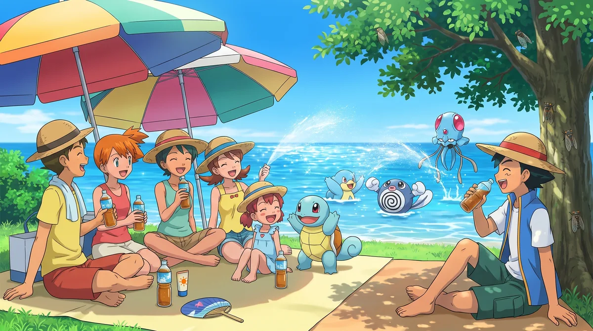 Un groupe fait une pause sous des parasols et un arbre au bord de l’eau, entouré de Pokémon.