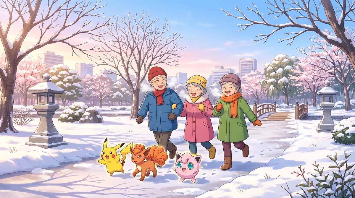 Trois personnes âgées souriantes se promènent ensemble dans un parc enneigé, avec Pikachu, Goupix et Rondoudou.