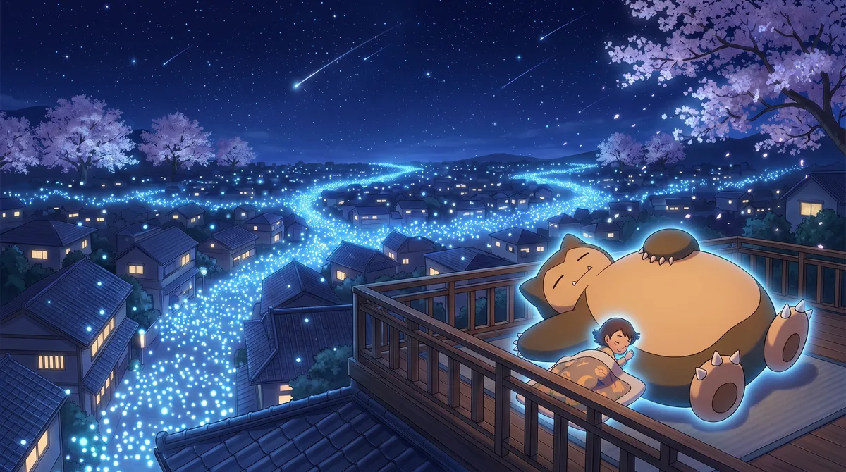 Ronflex et un enfant endormis sous un ciel étoilé, au-dessus d’une ville éclairée.
