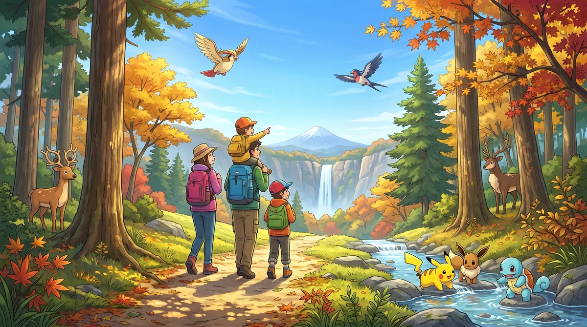 Une famille observe les oiseaux dans une forêt, avec des animaux réels et des Pokémon dessinés.