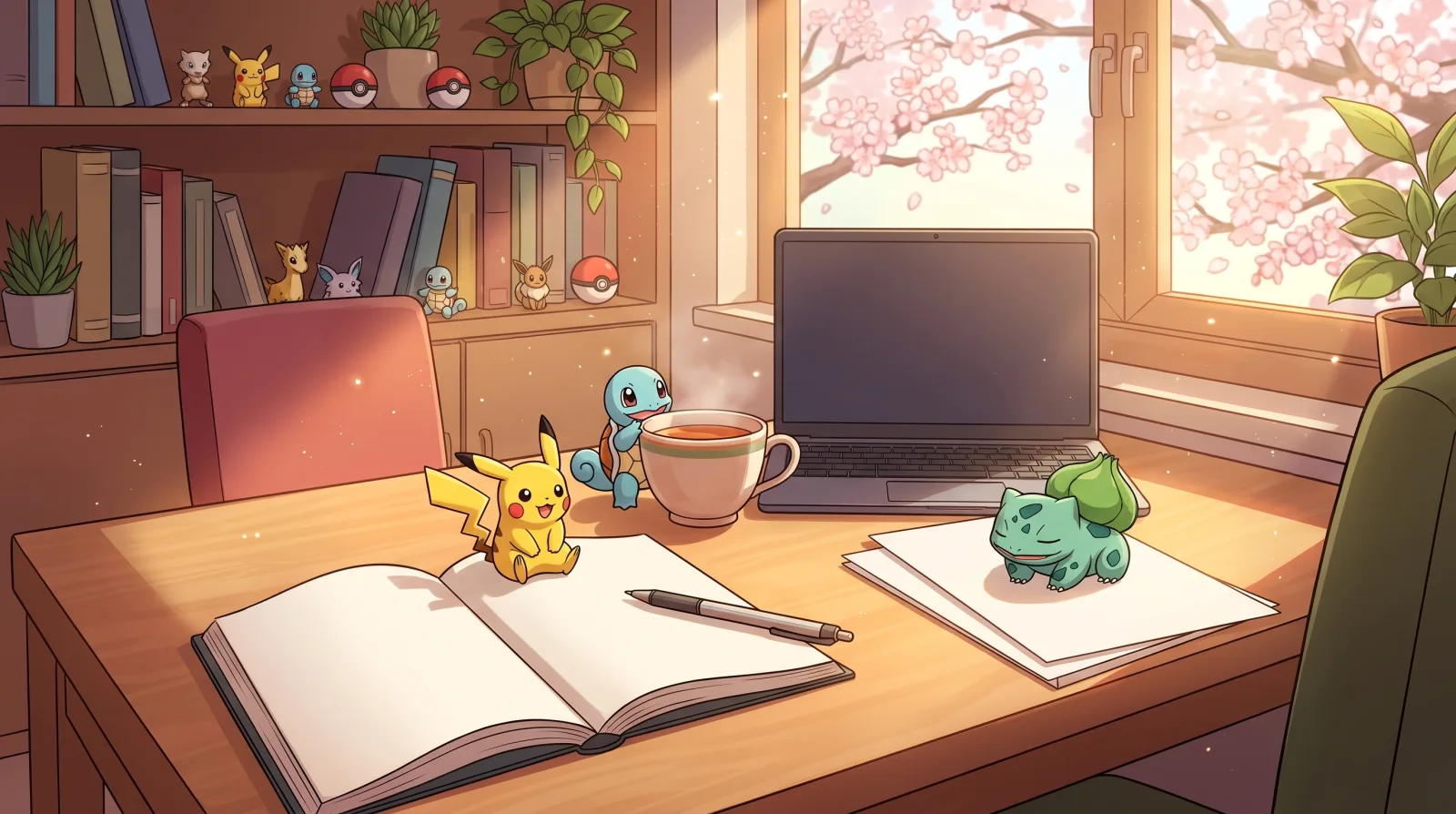 Un bureau dessiné, avec des livres, un carnet et des personnages Pokémon.