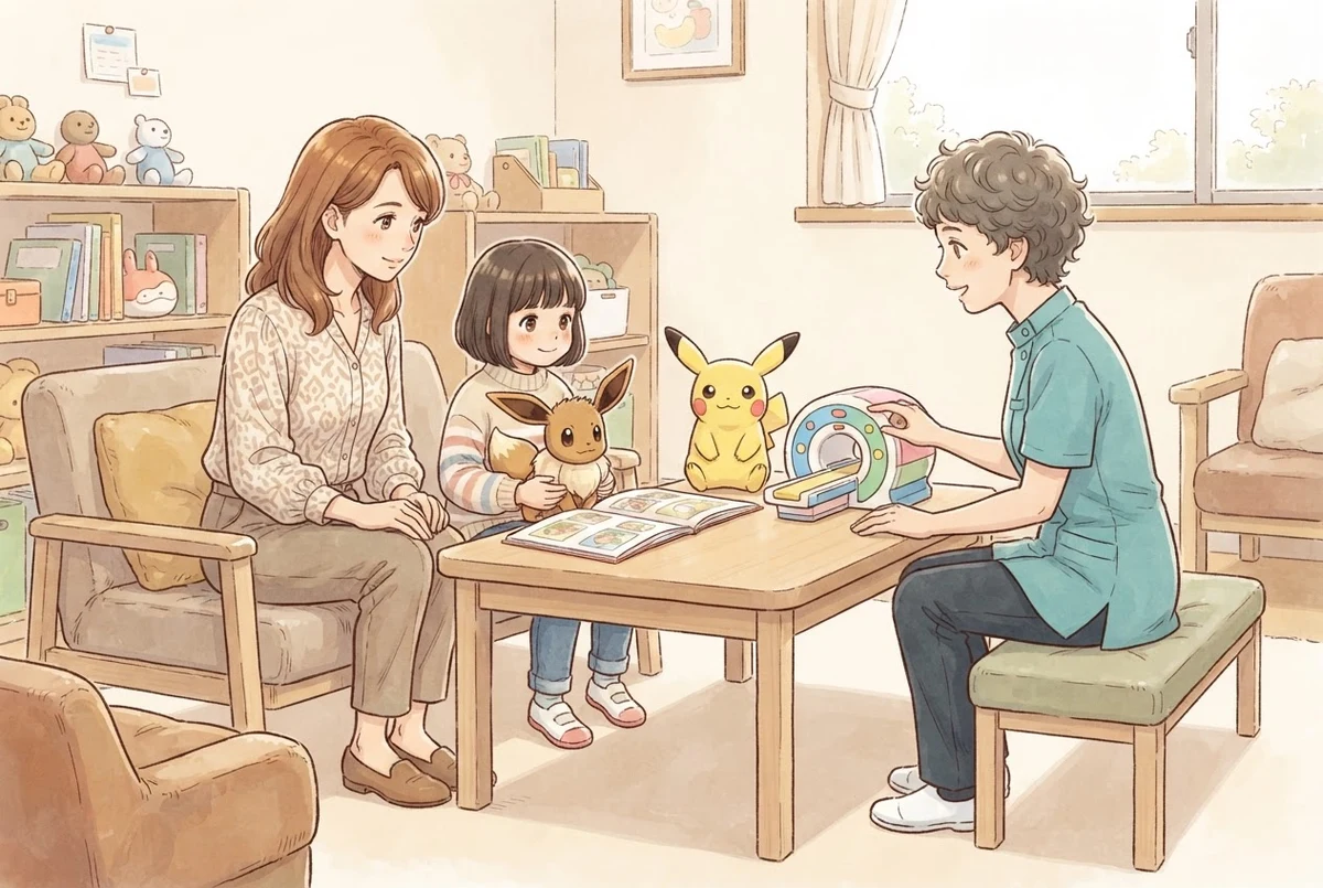 Un enfant et son parent découvrent une maquette d’IRM avec un professionnel de santé et des peluches Évoli et Pikachu.