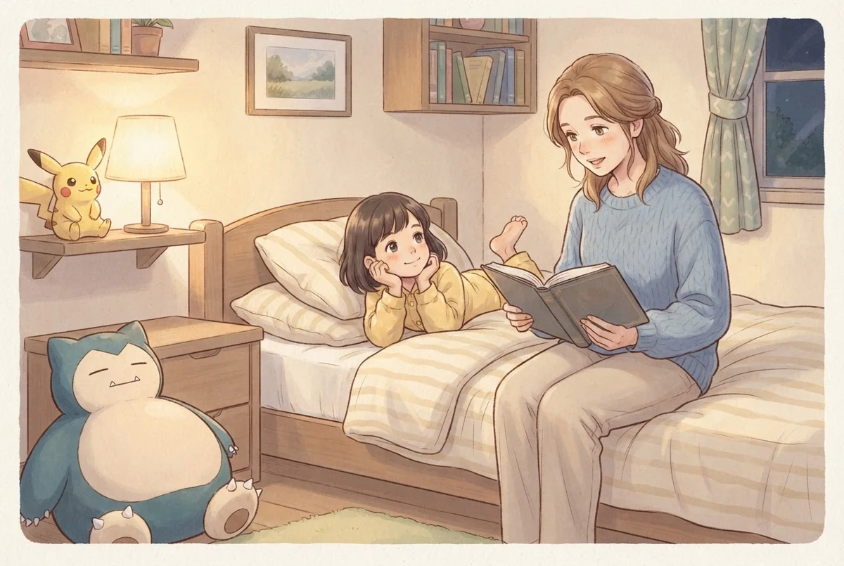 Un parent lit un livre à son enfant au coucher, avec des peluches Ronflex et Pikachu dans la chambre.