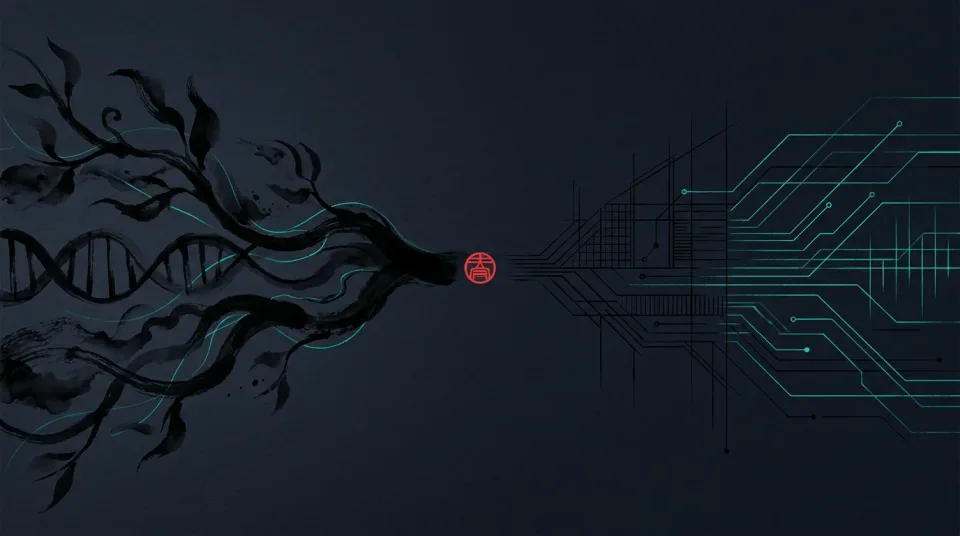 Illustration abstraite : trait sumi-e organique à gauche (rameaux, ADN) qui se métamorphose en circuit imprimé technologique à droite, point vermillon de bascule au centre.