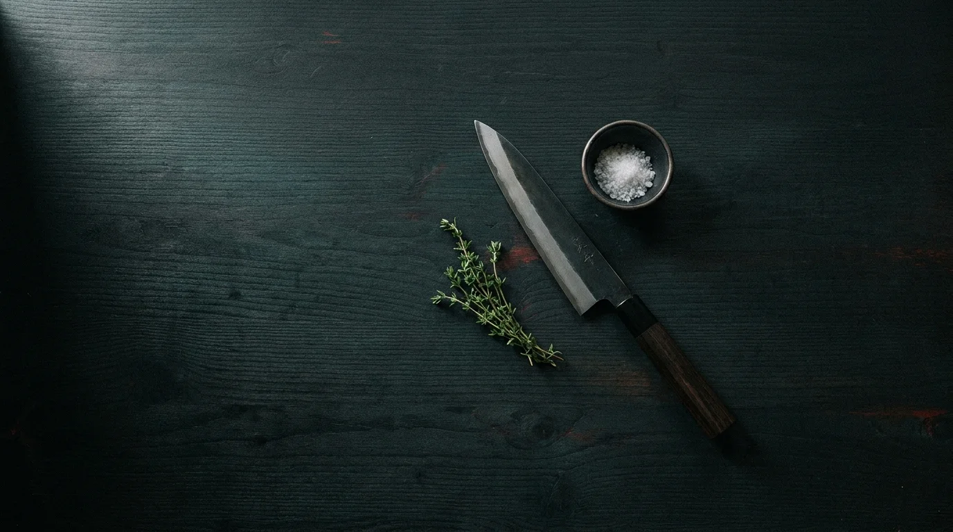 Un couteau japonais, un brin de thym et un bol de sel posés sur un plan de travail en bois sombre, dans la lumière d'avant-service.