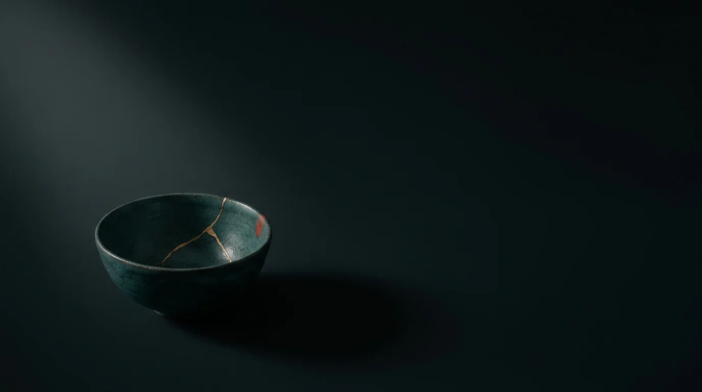 Un bol de céramique réparé à la laque d'or, posé dans un vaste espace sombre.