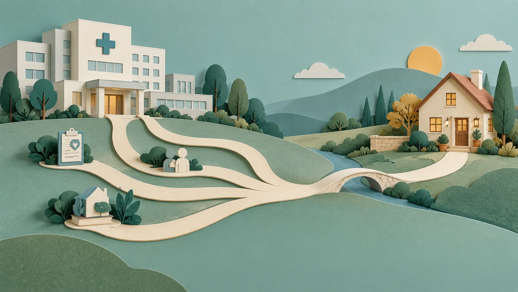 Un hôpital et un domicile reliés par plusieurs chemins qui se rejoignent.