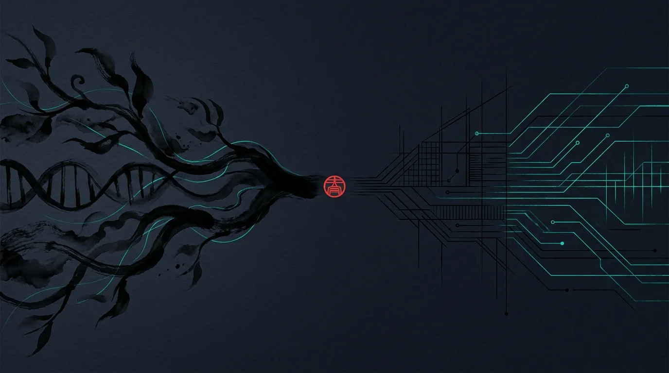 Illustration abstraite : trait sumi-e organique à gauche (rameaux, ADN) qui se métamorphose en circuit imprimé technologique à droite, point vermillon de bascule au centre.